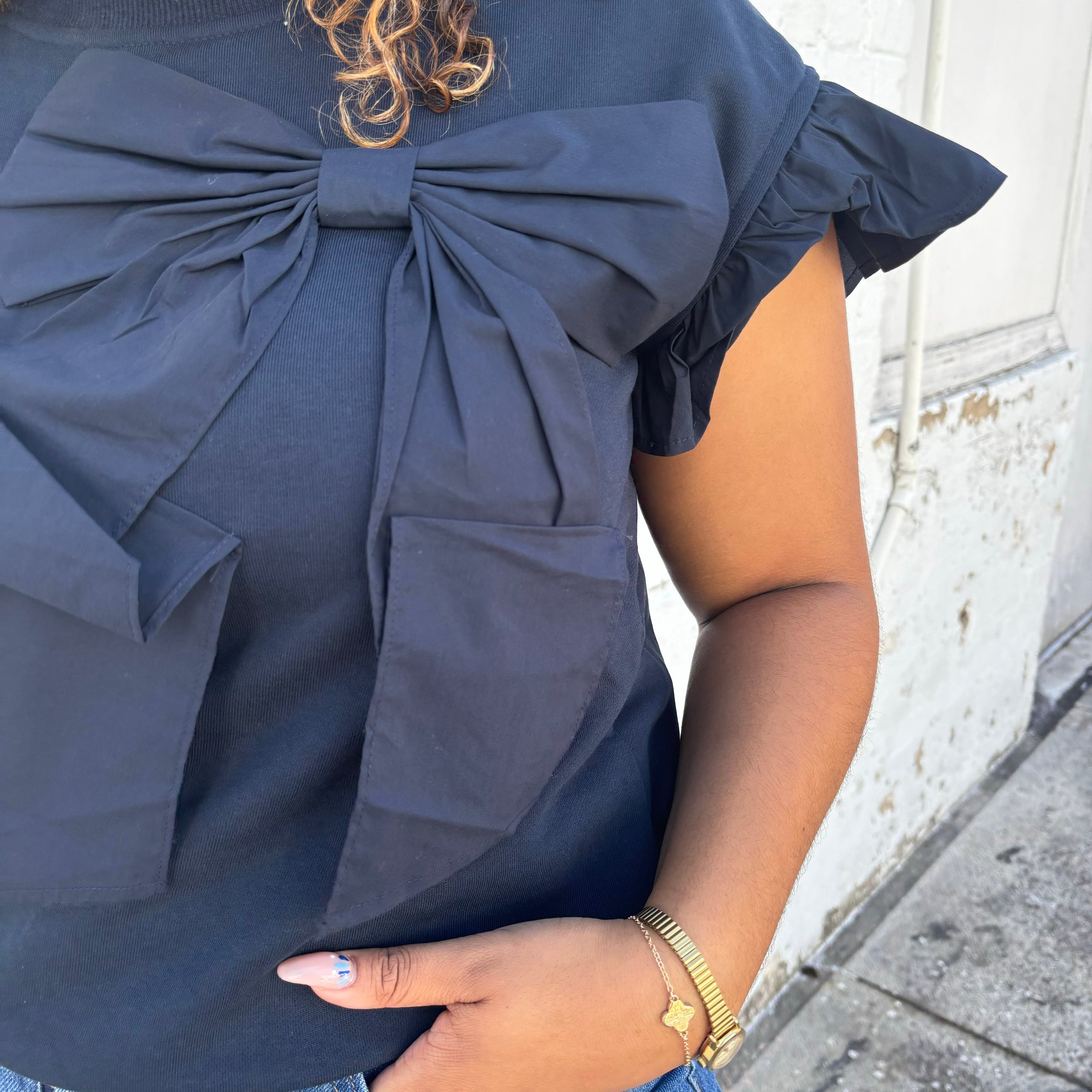 Navy ruffle sleeve top store