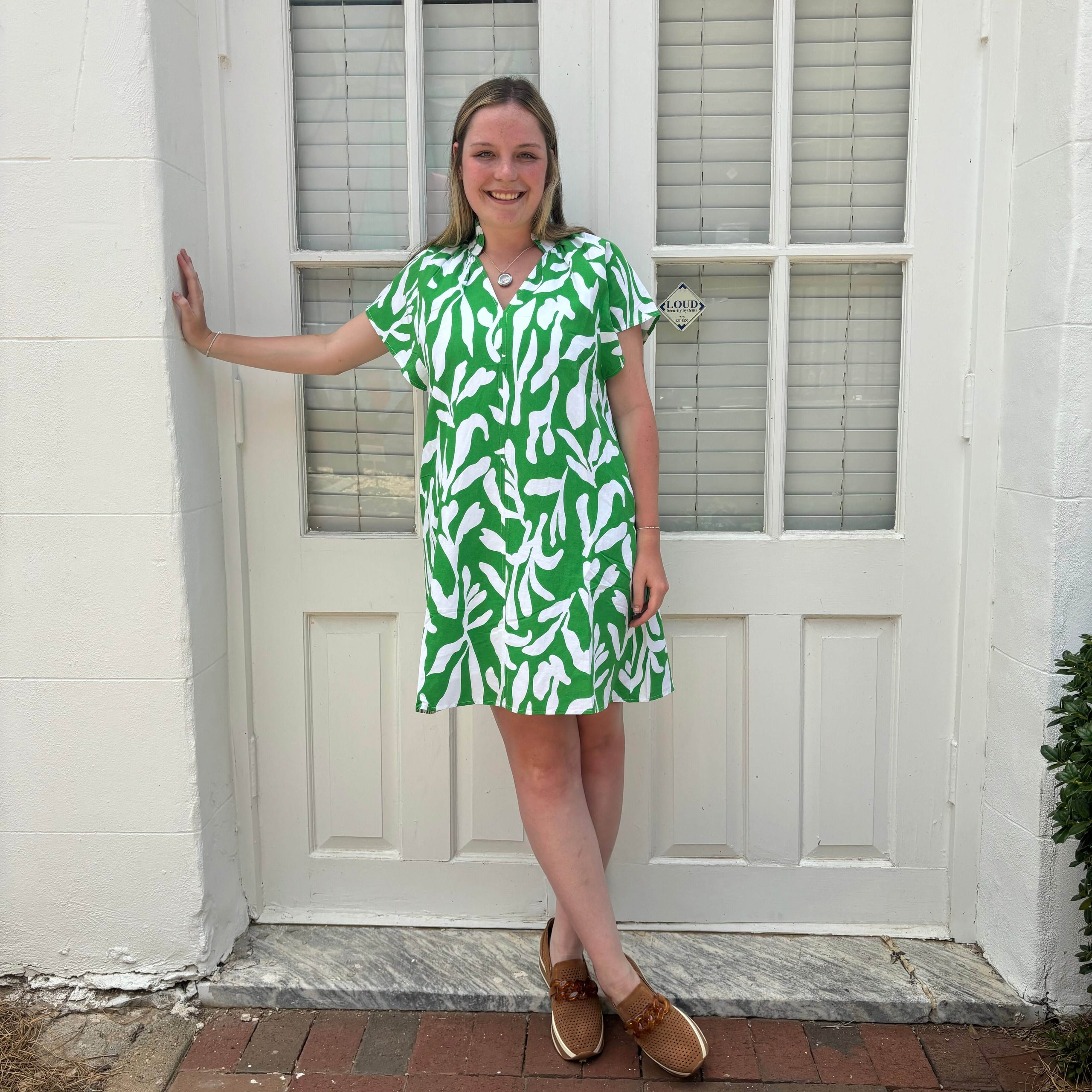 Green and white leaf print dress sales
