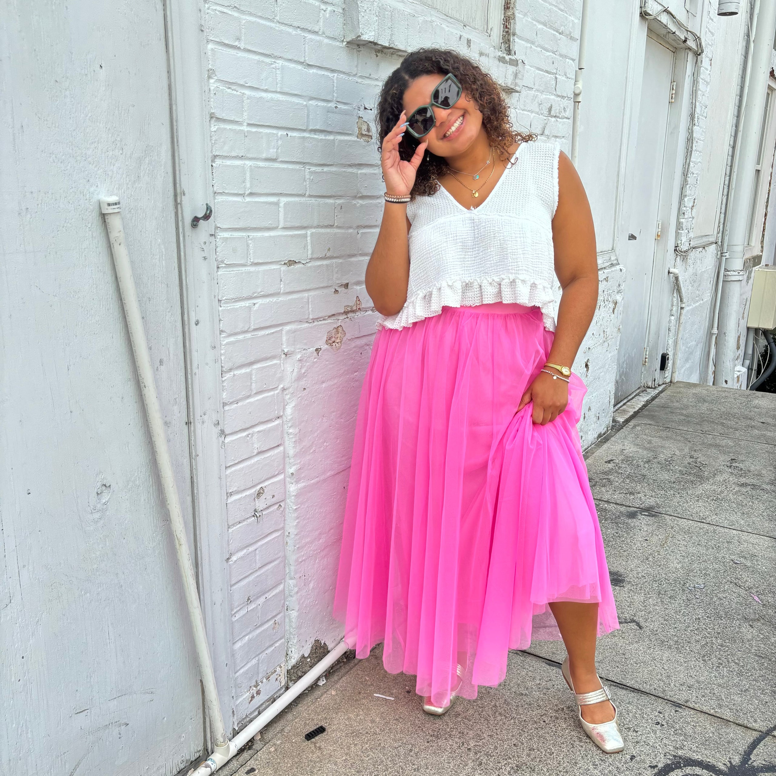 bright pink elastic waist tulle skirt